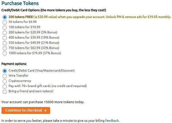 Chaturbate offers several payment packages options